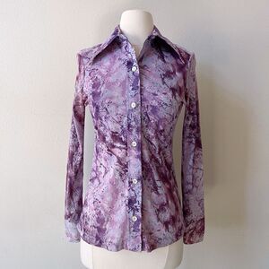 Vintage 70s Disco Shirt Women’s Small Purple Tie Dye Nylon Long Sleeve Button Up